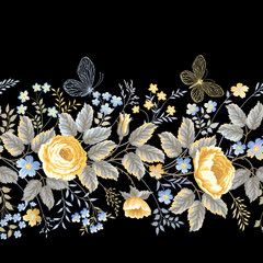 Panele Szklane Podświetlane  bezszwowa granica kwiatowy z różami na czarnym tle