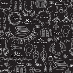 Vector pattern with hand drawn and fashionable jewelry on black