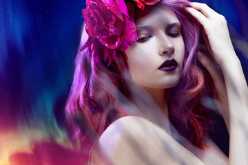 beautiful girl with pink hair amid fantastic art  Aurora