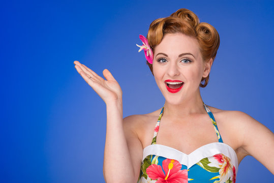 Retro  styled woman with fifties hair & makeup gestures