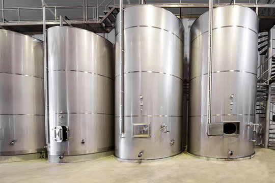 modern wine cellar with stainless steel tanks