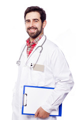 Portrait of a happy smiling medical doctor on white background