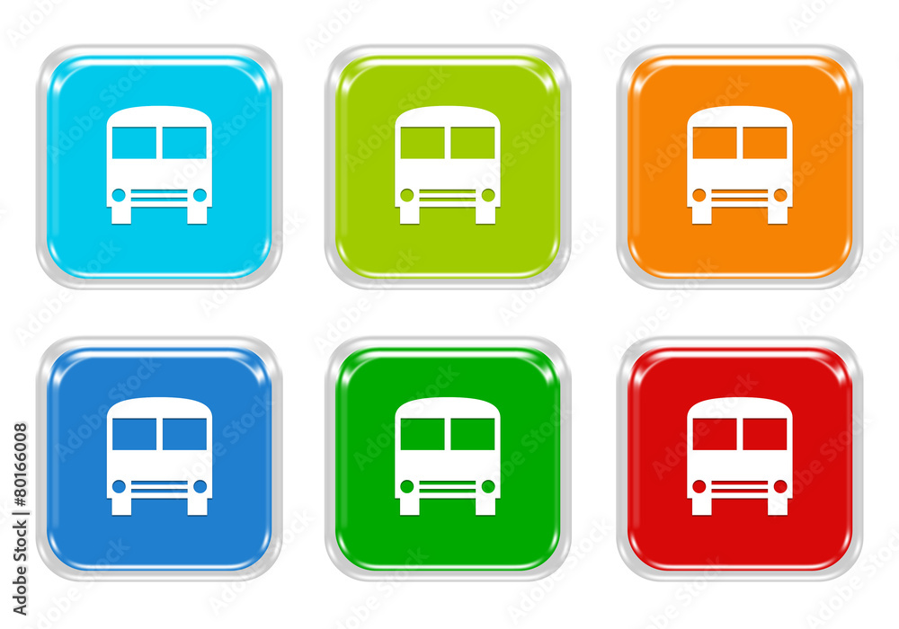 Poster set of squared colorful buttons with bus symbol