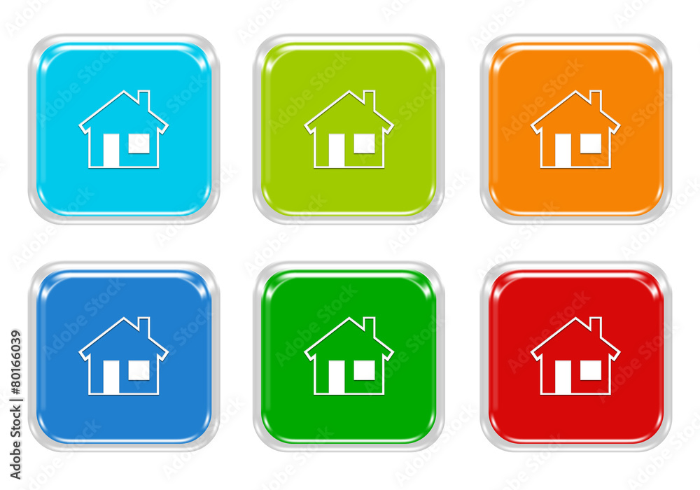 Poster set of squared colorful buttons with house symbol