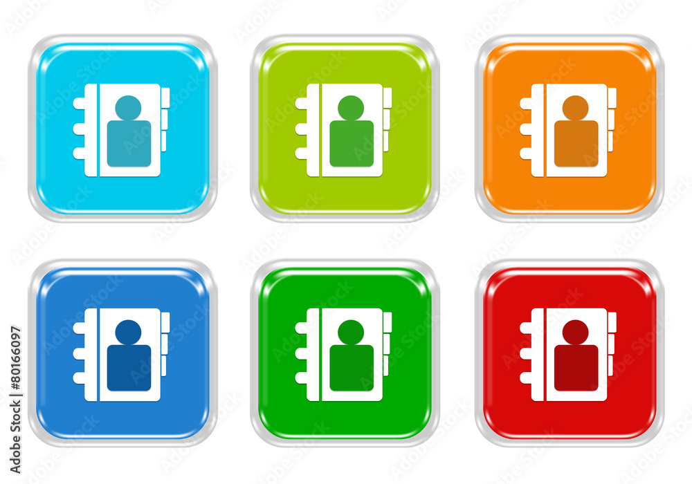 Poster set of squared colorful buttons with address book symbol