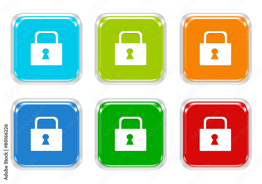 Poster set of squared colorful buttons with lock symbol