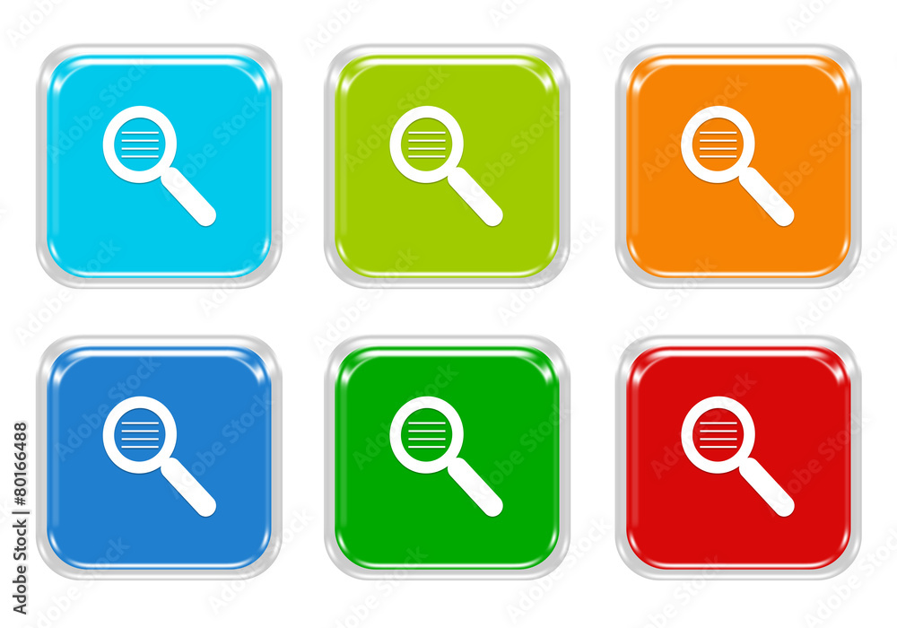 Aufkleber set of squared colorful buttons with search symbol