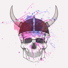Vector illustration with watercolor splash and human skull wearing viking helmet