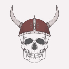 Vector illustration with human skull wearing viking helmet
