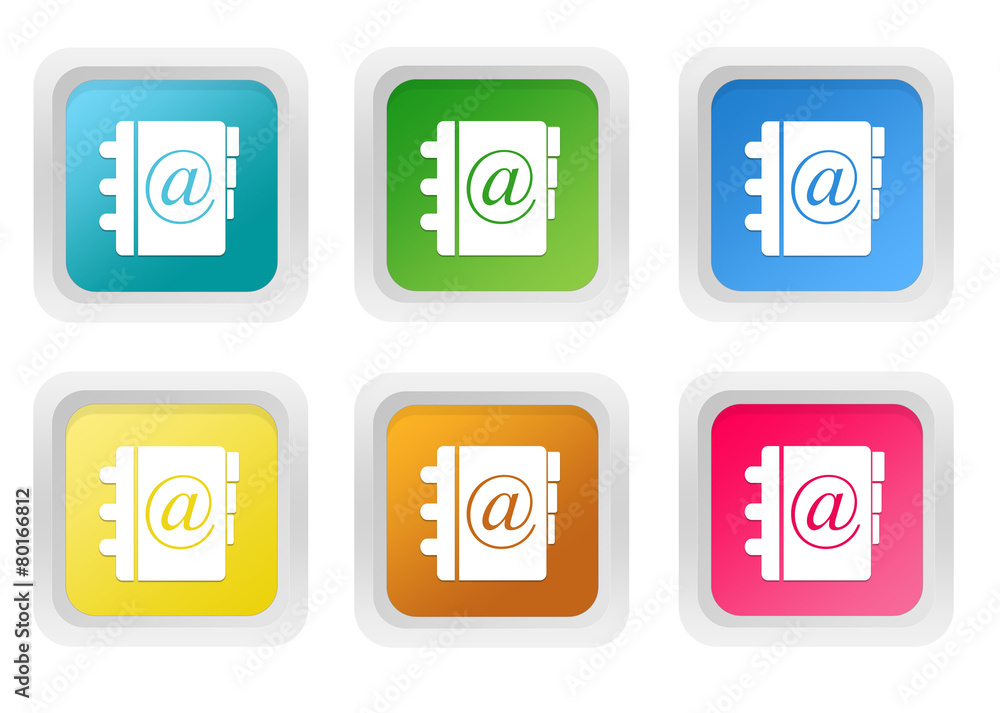 Aufkleber set of squared colorful buttons with address book symbol