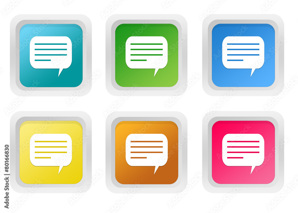 Poster set of squared colorful buttons with conversation symbol