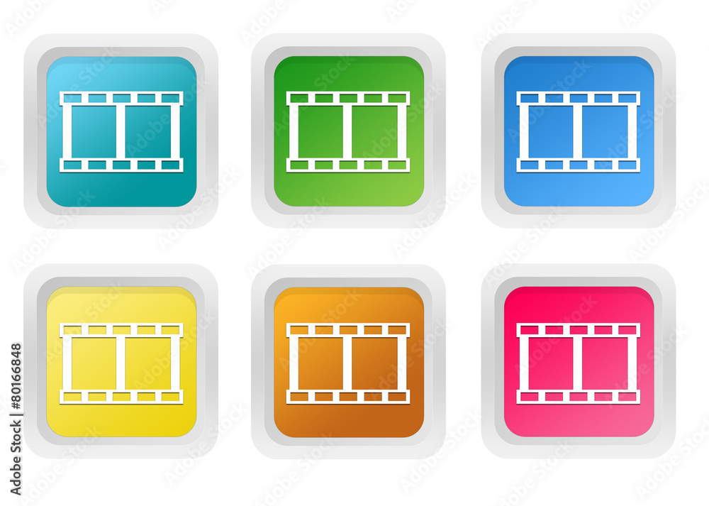Poster set of squared colorful buttons with movie symbol