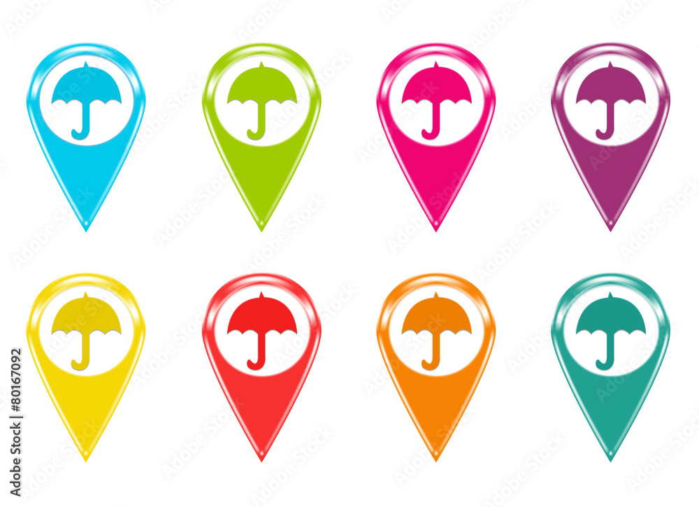 Poster set of icons for markers on maps with umbrella symbol