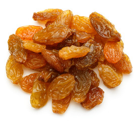 Yellow sultanas raisins isolated on white background cutout