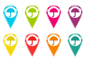Set of icons for markers on maps with umbrella symbol