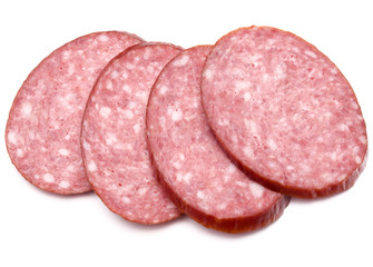Smoked sausage salami slices isolated on white background cutout