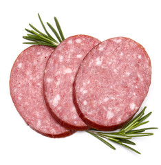 Smoked sausage salami slices isolated on white background cutout