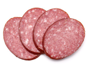 Smoked sausage salami slices isolated on white background cutout