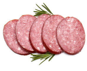 Smoked sausage salami slices isolated on white background cutout
