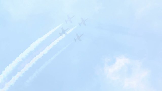 Four L-39 (Rus aerobatic team) in sky on air show