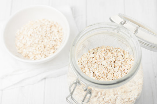 uncooked instant oatmeal in glass jar, shorth depth of field