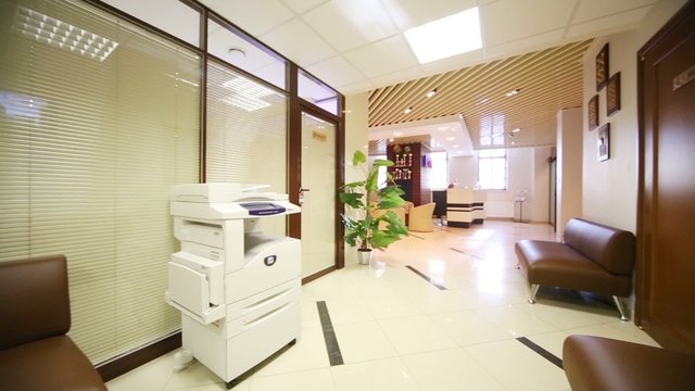 Leather sofa and copier in waiting room of modern office