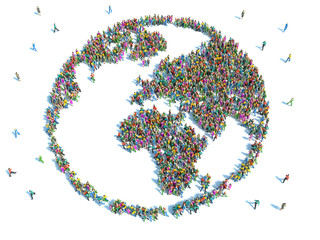 People seen from above forming the earth globe shape
