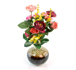 Colorful flower bouquet in vase isolated on white background