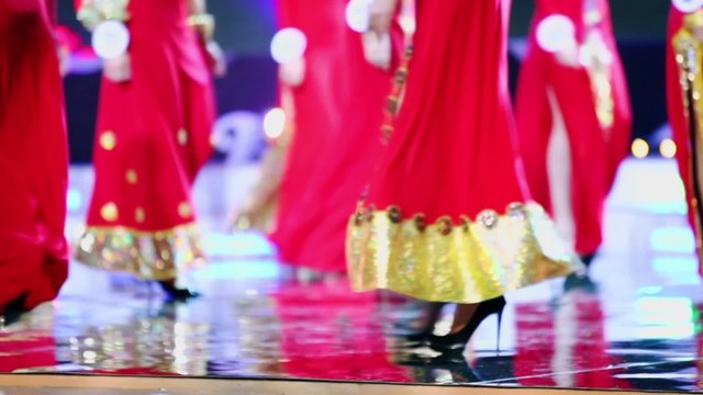 Girls contestants of beauty queen competition walk on stage