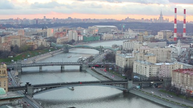 Three bridges over the river in beautiful evening cityscape