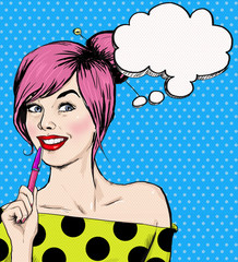 Fashion pop art girl with pen in the hand with speech bubble.