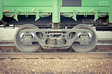 Fototapeta na wymiar Front view of the wheelset railway freight wagon