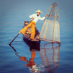 Traditional Burmese fisherman at Inle lake Myanmar