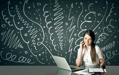 Businesswoman with curly lines and arrows