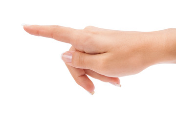 Woman's hand press button on white background