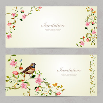 invitation cards with foliate ornament and flowers. watercolor p