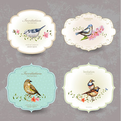 Naklejka premium collection retro label of cute bird. watercolor painting