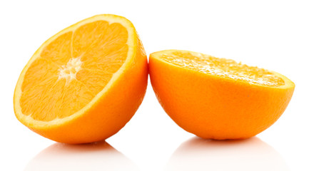 Naklejka na ściany i meble Juicy halves of orange isolated on white