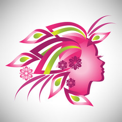 Stylized woman pink silhouette in profile with floral hair