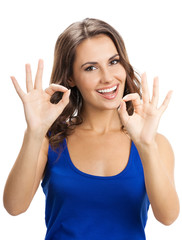 Woman showing okay gesture, on white