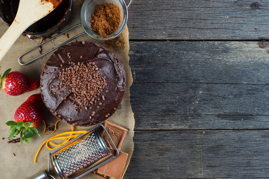 Homemade Chocolate Cake Recipe Border Background From Above