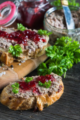 homemade liver pate on wooden table from above