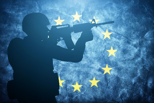 Soldier On Grunge European Union Flag. Army, Military Of Europe