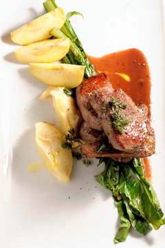 Venison meat steak with potato puree and vegetable