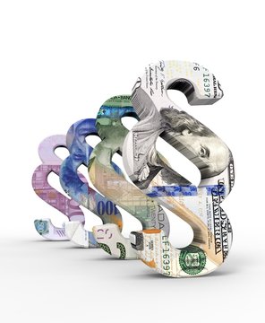 Paragraph sign with dollar, euro and franc bills over white
