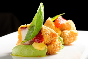 Fine dining, Fried Octopus on basil mousse and strawberries