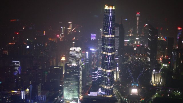 Panoramic night view of illuminated city aerial view