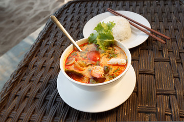 Tom Yam seafood soup served with rice