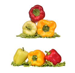 Red yellow and green pepper with salad in water splashes