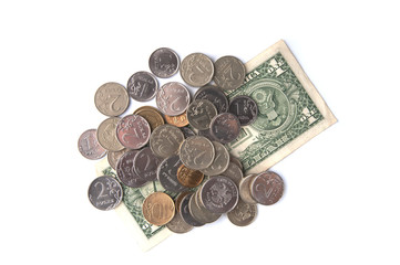 One US dollar and Russian coins..